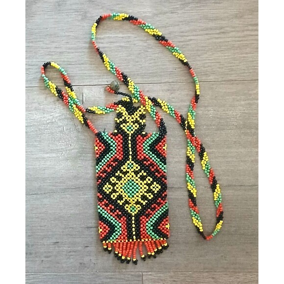 Handmade Colorful Beaded Pouch Mini Bag Tribal Medicine Bag 3"X5" fringed - Picture 5 of 5